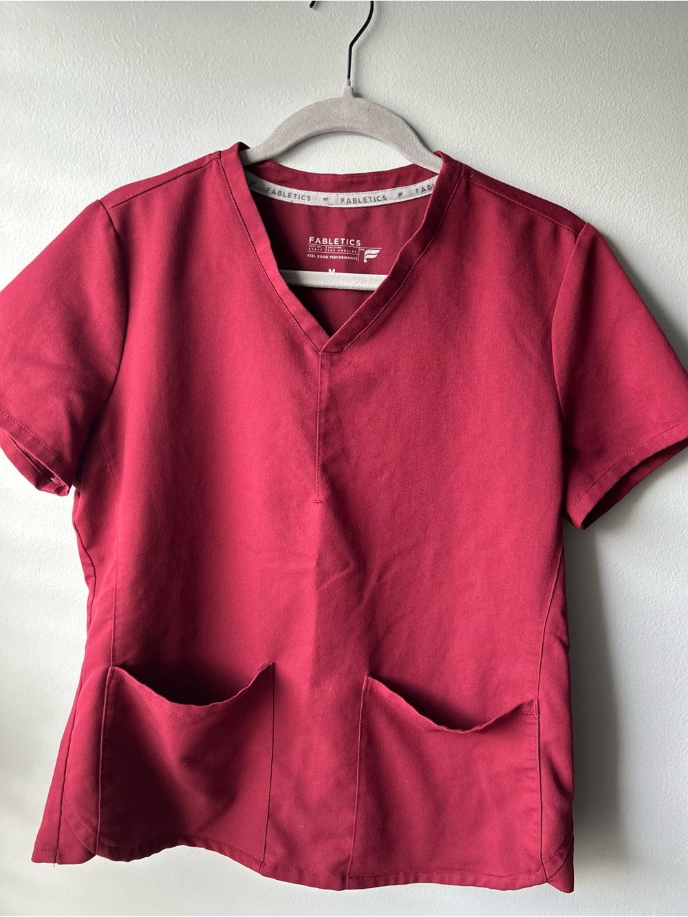 Fabletics Women's V-Neck Scrub Top in Berry Red
